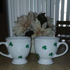 Pair Of Cute White and Green Shamrock Mugs